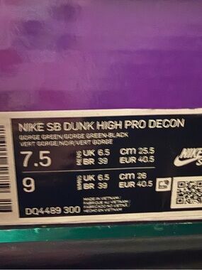 Nike Purple and White SB Dunk High Pro Decon Box Label